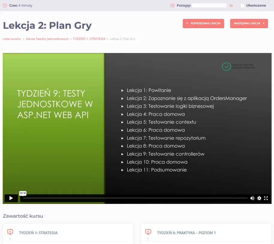 Szkoła Testów Jednostkowych — widok platformy, przykład 2