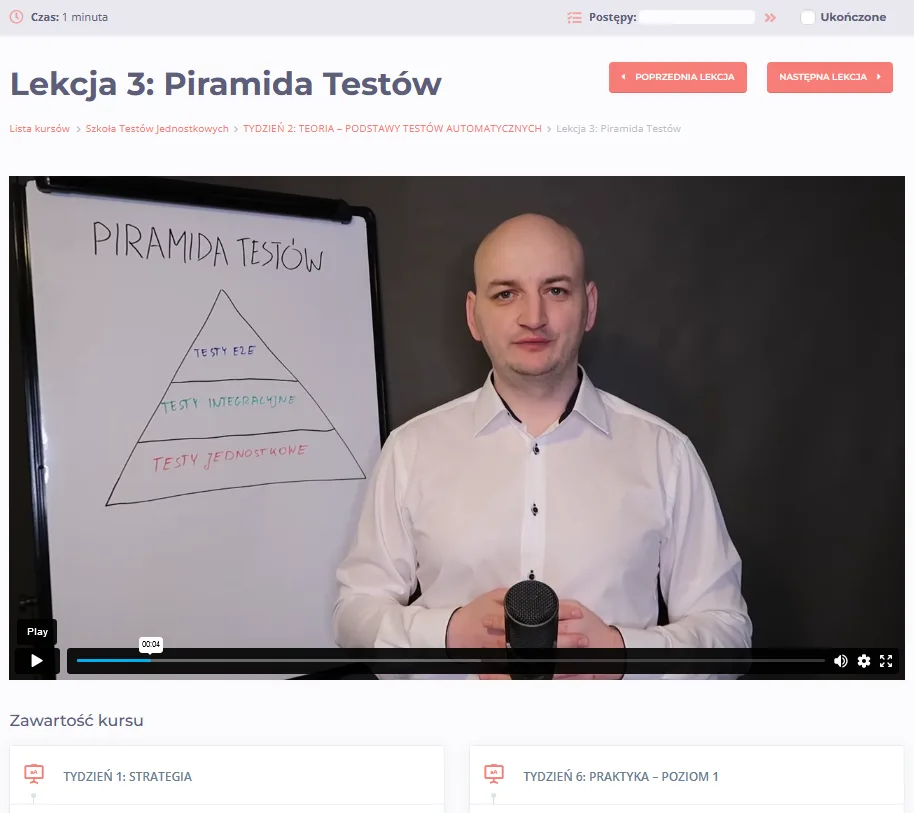 Szkoła Testów Jednostkowych — widok platformy, przykład 1